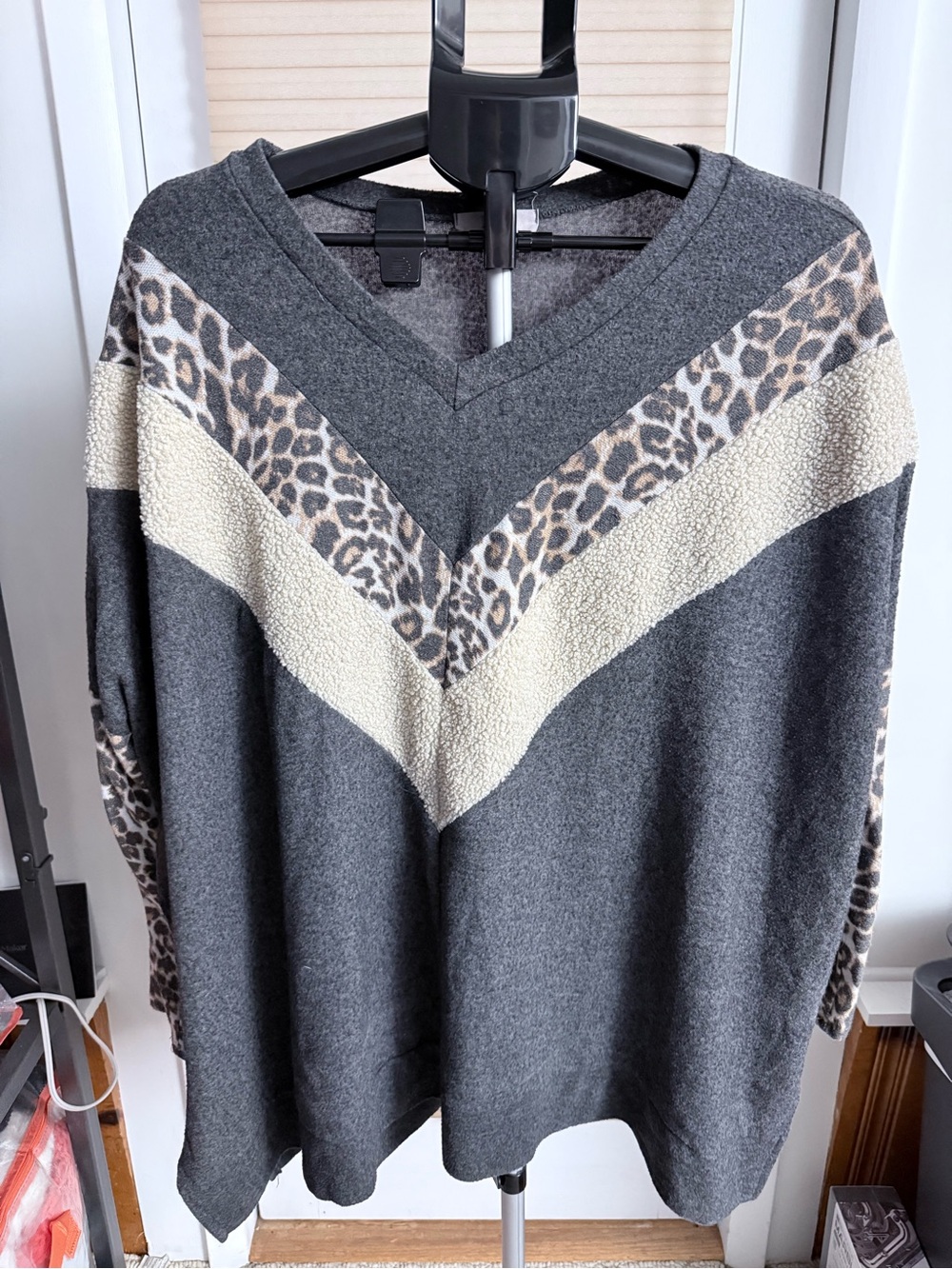 Charcoal Colorblock sweater Chevron leopard print & teddy bear fabric oversize L